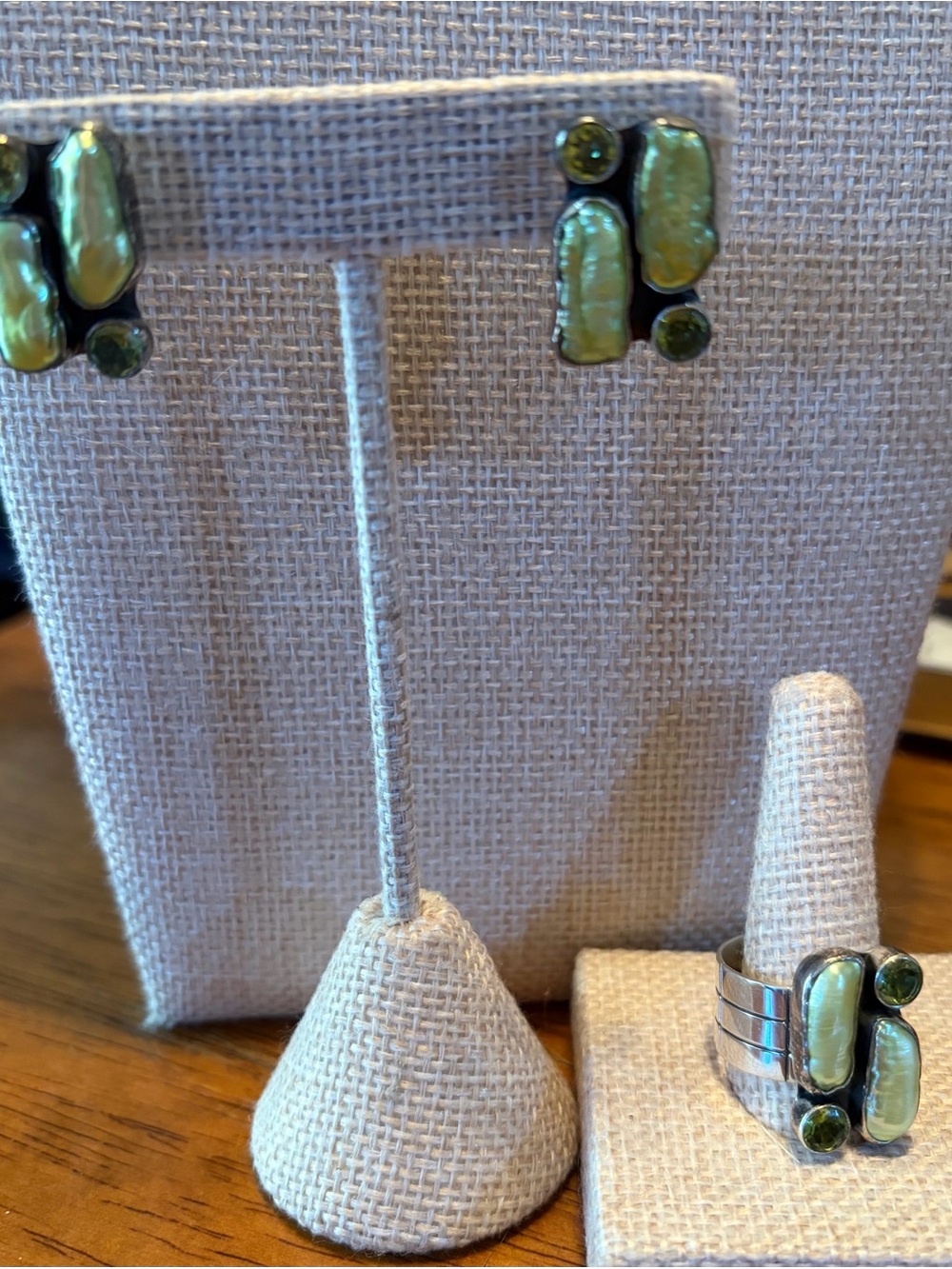 Jay King Green Pearlized Stone Ring and Earring Set 925